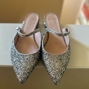 Women’s J. Crew Silver Sparkle Glitter Slip On Mules. Size 8.